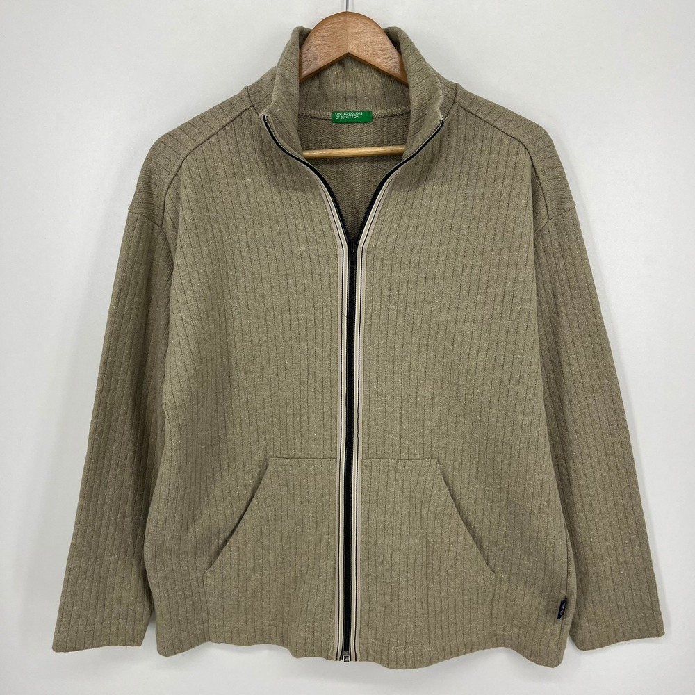 United Colors of Benetton Vintage Ribbed Full Zip Cardigan Tan Made in Italy XL